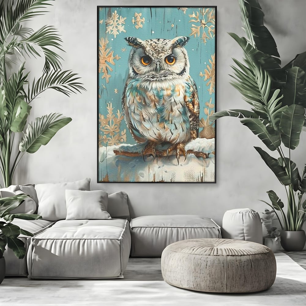Tablou canvas cu tablou canvas cu bufnita pe ramura inzapezita, in rama de aluminiu negru, pe perete intr-un living